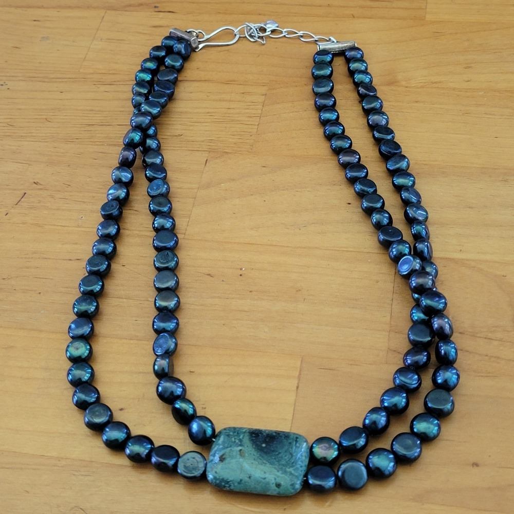 Vintage JAY KING DTR 925 Peacock Pearl Green Jasper Double Necklace 18"